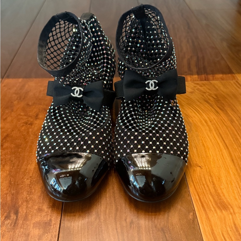 CHANEL Black and Silver Ankle Boots with Bow Detail